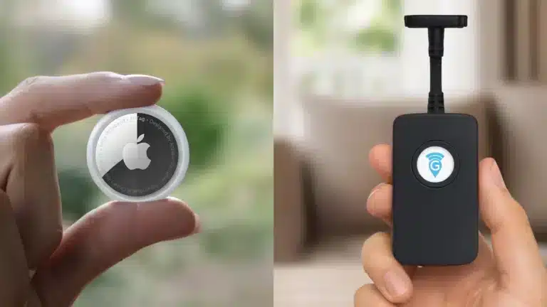 Apple AirTag held in one hand beside a hardwired 4G GPS tracker with external antenna, shown side by side
