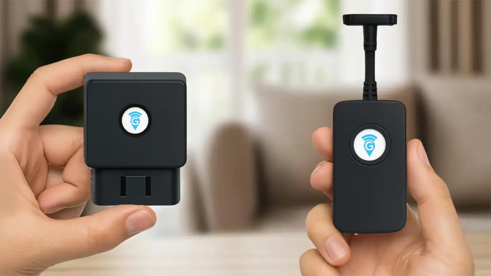 OBD-II plug-in GPS tracker and hardwired GPS tracker with antenna held side by side for size comparison
