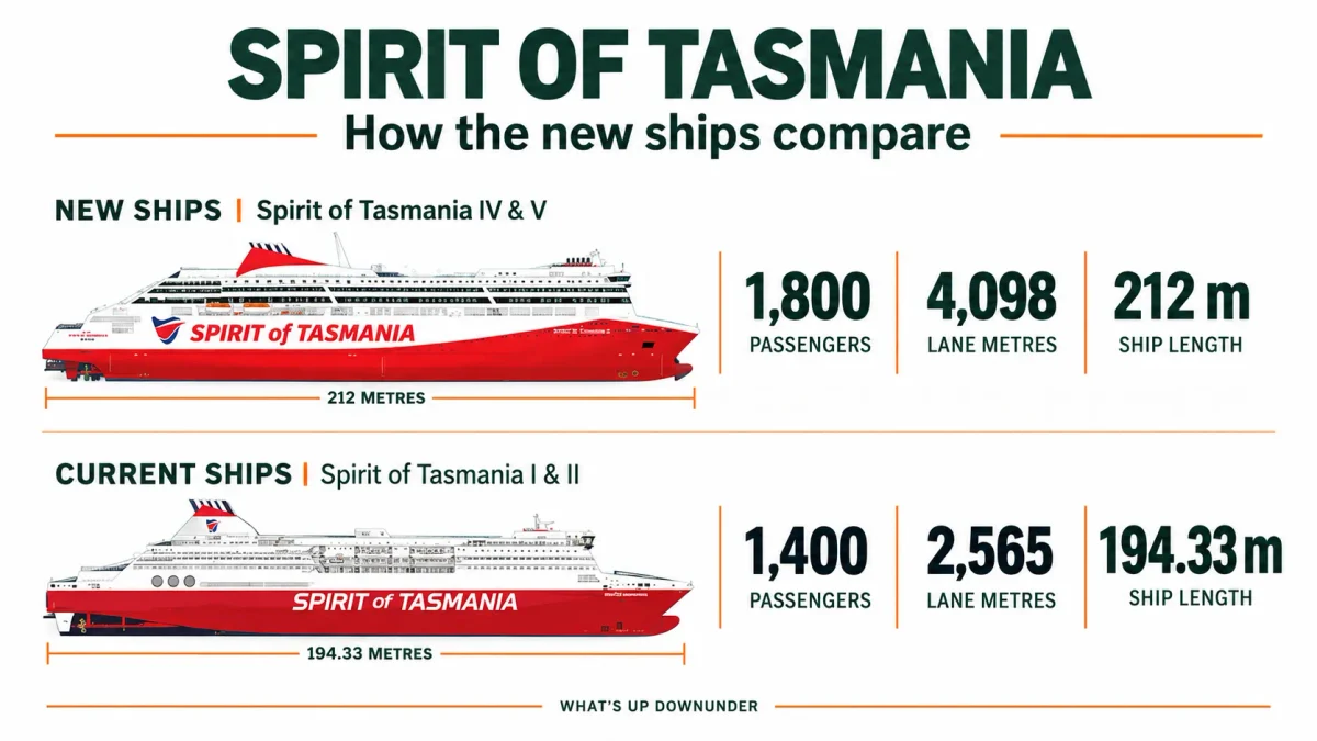 Spirit of Tasmania new and current ships compared by passenger capacity, vehicle lane metres and length