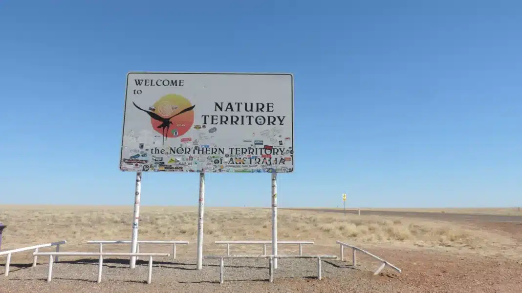 Barkly Highway NT border Welcome sign at the Northern Territory border on the Barkly Highway, coming from Queensland