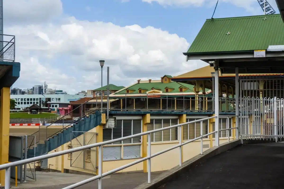 Heritage grandstands with green roofs beside the main arena at the Brisbane Showgrounds in Bowen Hills