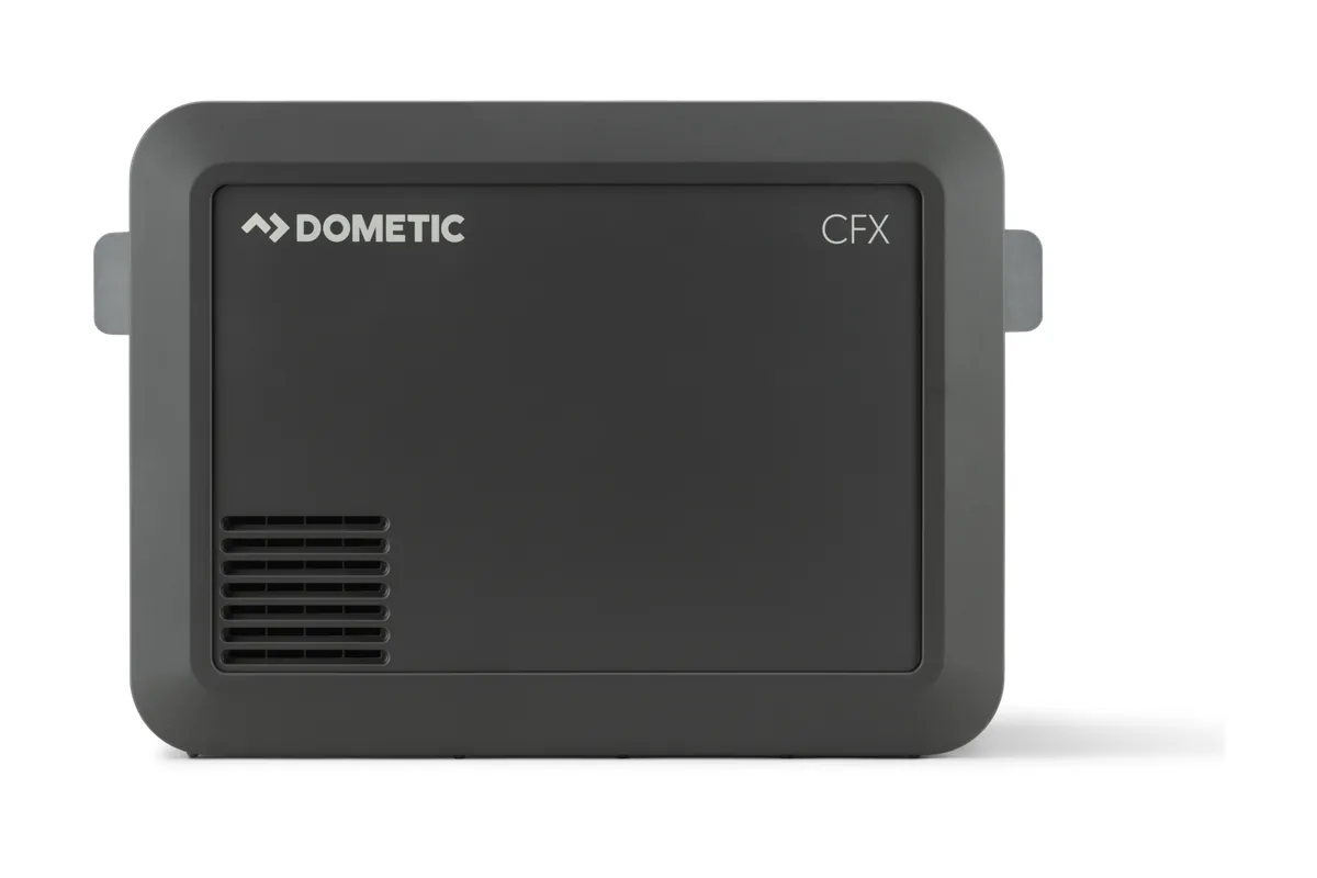 Dometic CFX5 45 portable compressor fridge in dark grey, viewed from the front on a white background