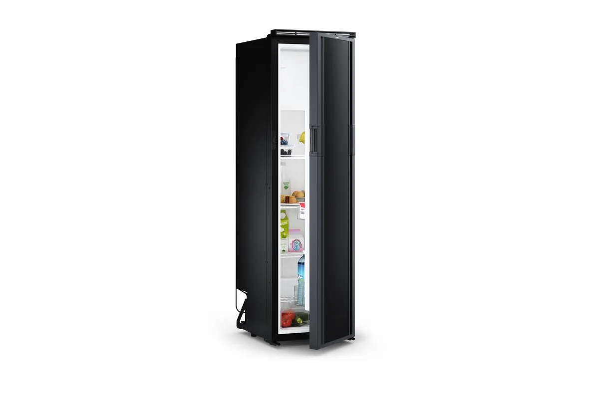 Dometic RCT10.4G 153-litre 12V compressor upright caravan fridge with its door open, on a white background