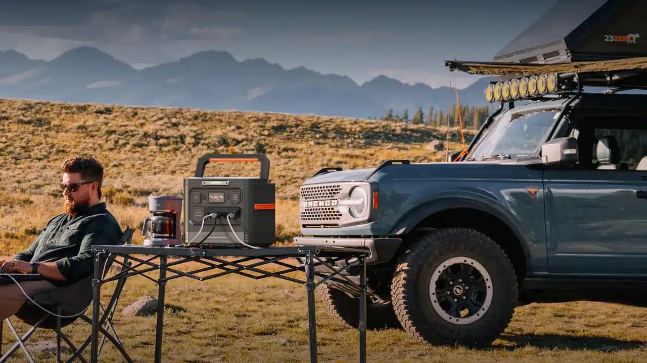 Man with a laptop in a camp chair beside a Jackery Explorer 1500 Ultra on a folding table, next to a four-wheel drive with a rooftop tent