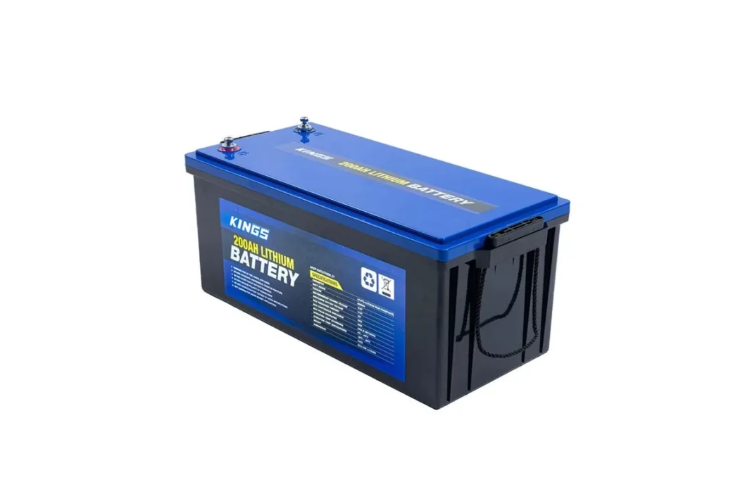 Kings 200Ah 12V lithium battery with a blue case and top-mounted terminals, on a white background