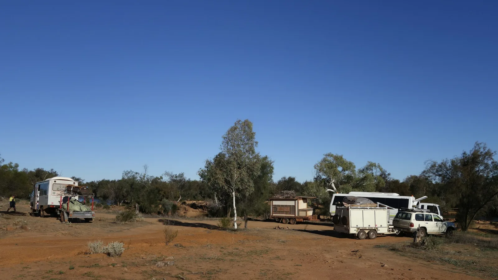Caravans and four-wheel drives spread across a remote red-dirt campground under a blue sky