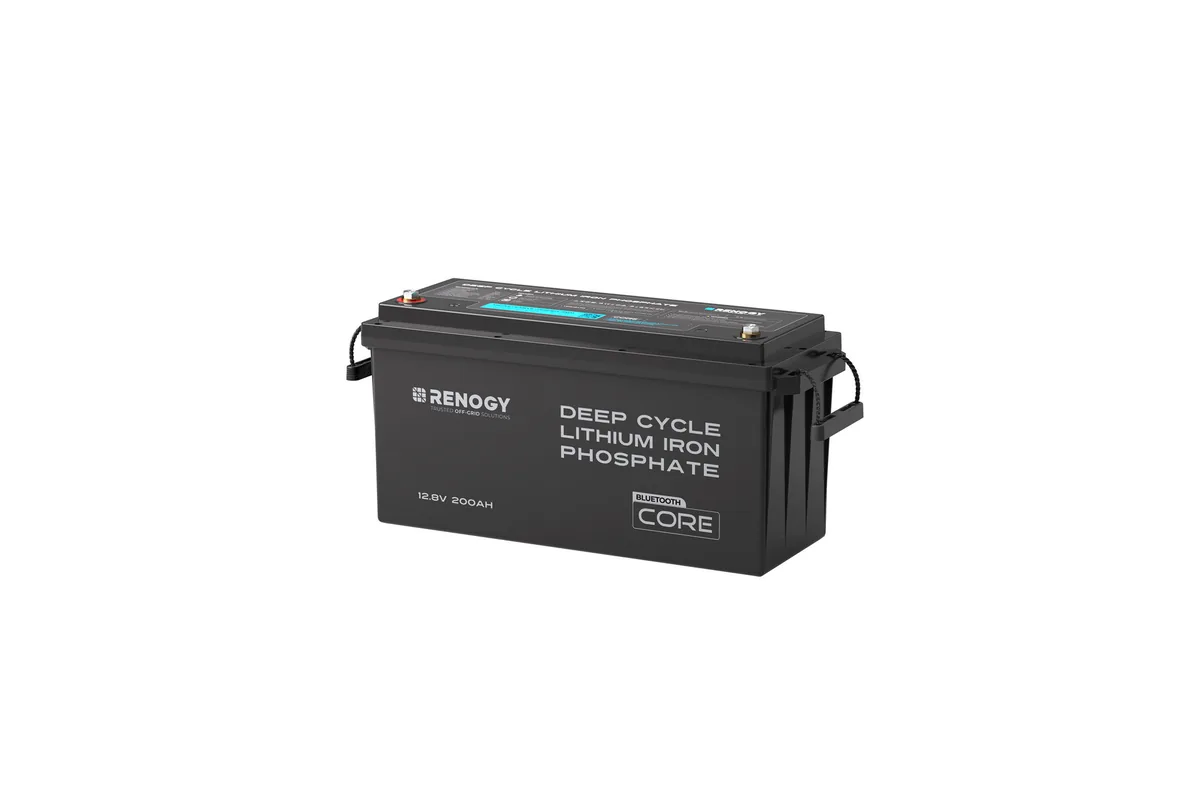 Renogy Core 200Ah lithium iron phosphate battery in a dark grey case with side carry handles