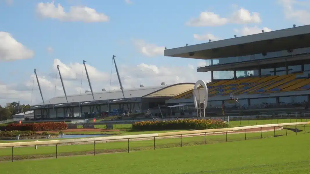 Grandstands at Rosehill Gardens Racecourse in Sydney, seen across the racetrack