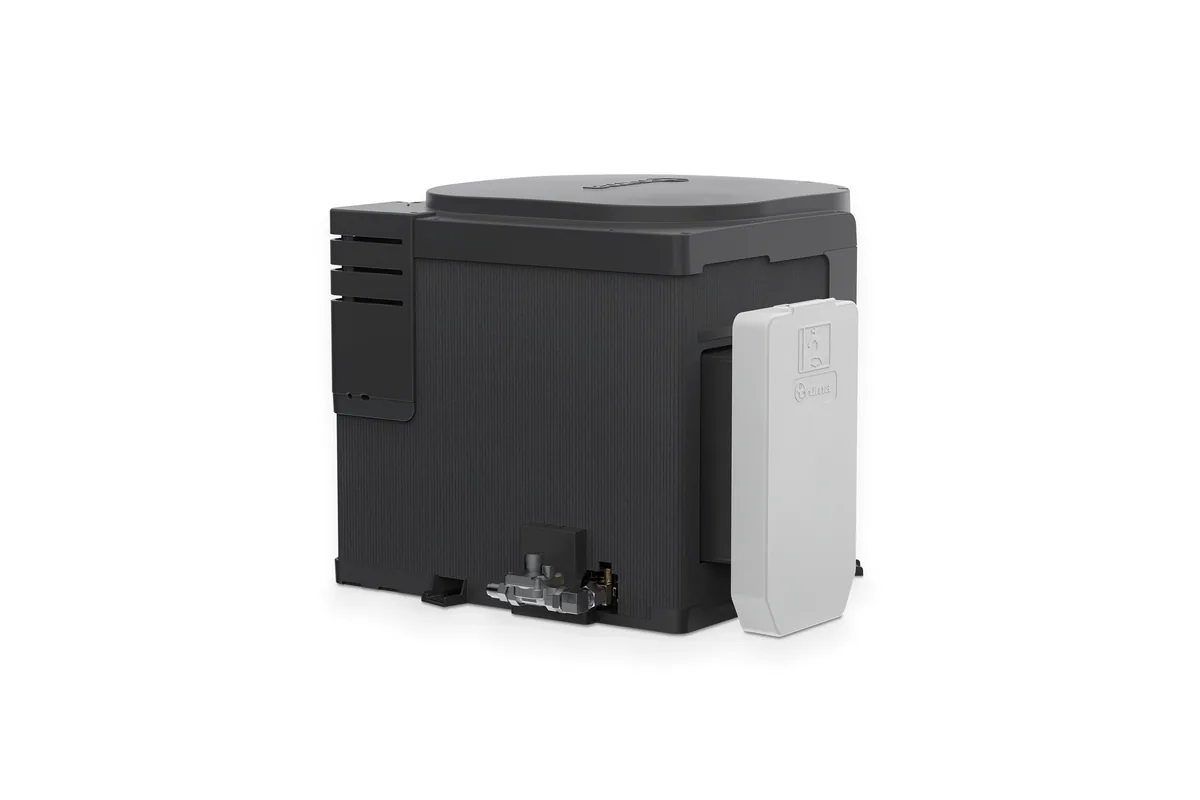 Truma UltraRapid gas and electric caravan hot water system in black with a white control panel, on a white background