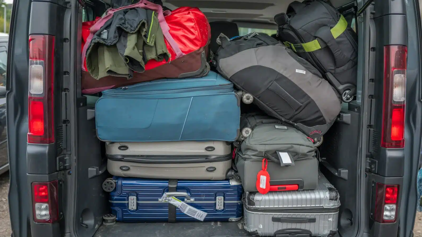 Rear doors of a van open on a load of suitcases, duffel bags and backpacks stacked to the roof
