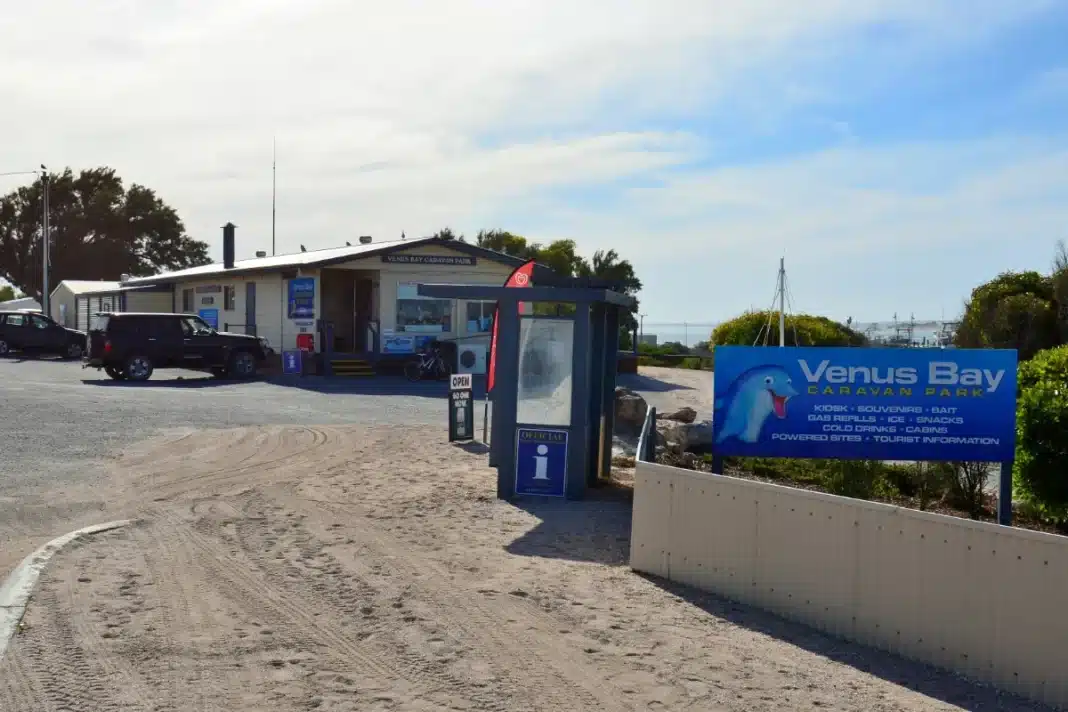 Venus Bay Caravan Park entrance sign and office on South Australia's Eyre Peninsula
