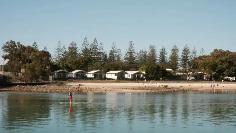 Row of white cabins and Norfolk Island pines behind a sandy beach, with a paddleboarder on calm water